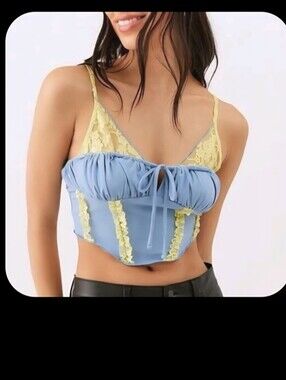 UO Urban Outfitters Womens Medium Corset Top Bustier Ruffle Blue Yellow Lace